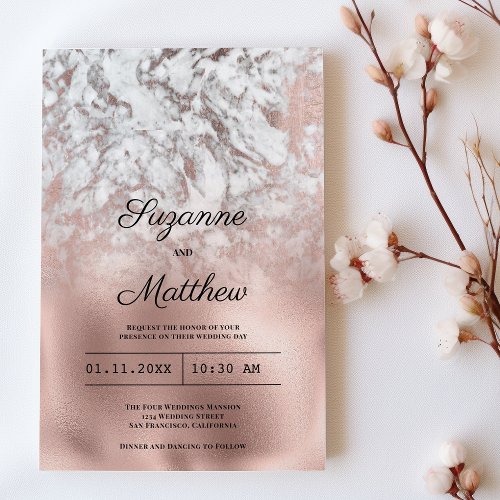 Elegant gray white rose gold marble wedding invitation