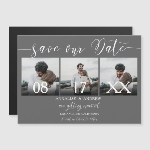 Elegant gray white script 3 photos save the date