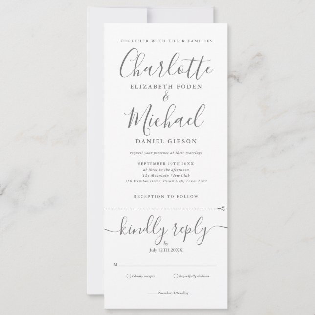 Elegant Gray White Script All In One Photo Wedding Invitation (Front)