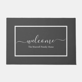 Elegant gray white script family name welcome door doormat