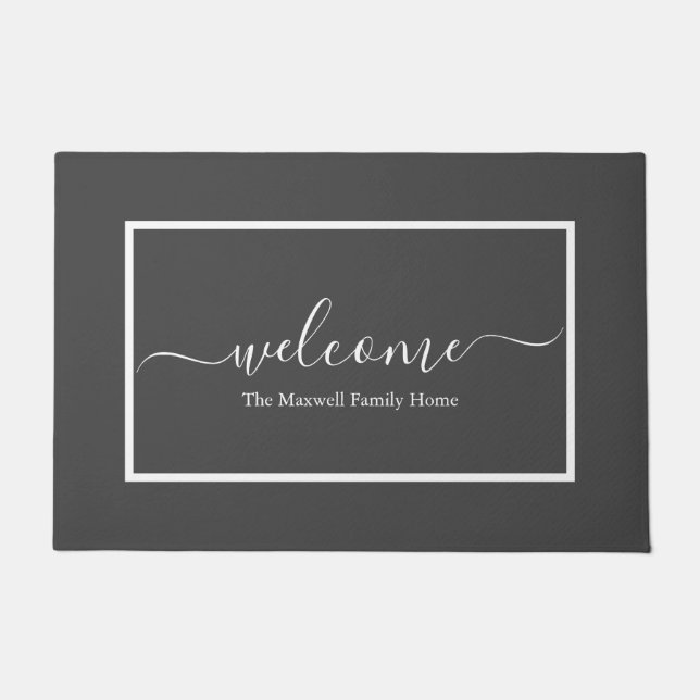 Elegant gray white script family name welcome door doormat (Front)