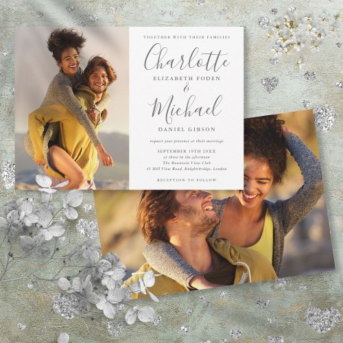 Elegant Gray White Signature Script Photos Wedding Invitation