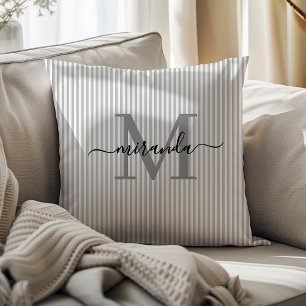 Elegant Gray & White Stripes Monogram Name Throw Pillow