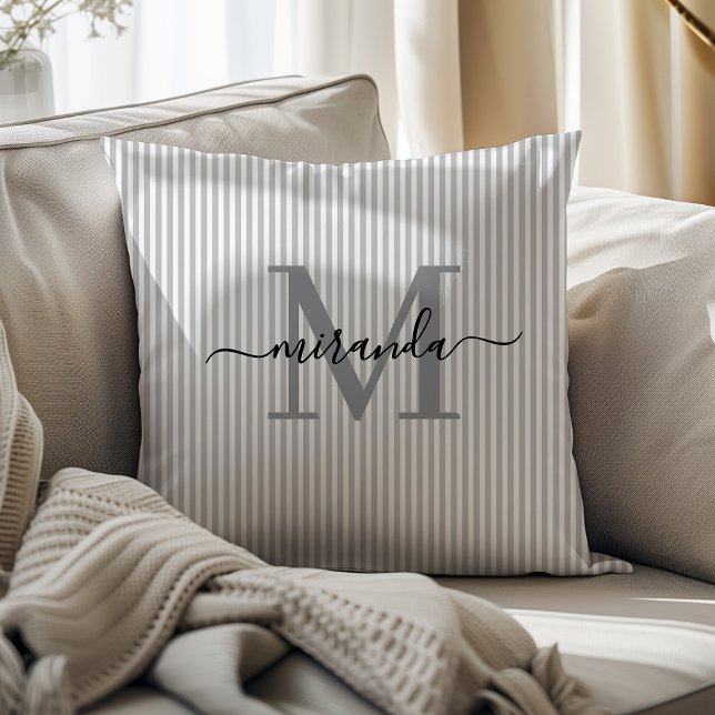 Elegant Gray & White Stripes Monogram Name Throw Pillow (Creator Uploaded)
