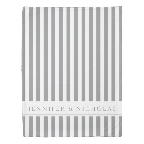 Elegant Gray  White Stripes Pattern Name Print Duvet Cover