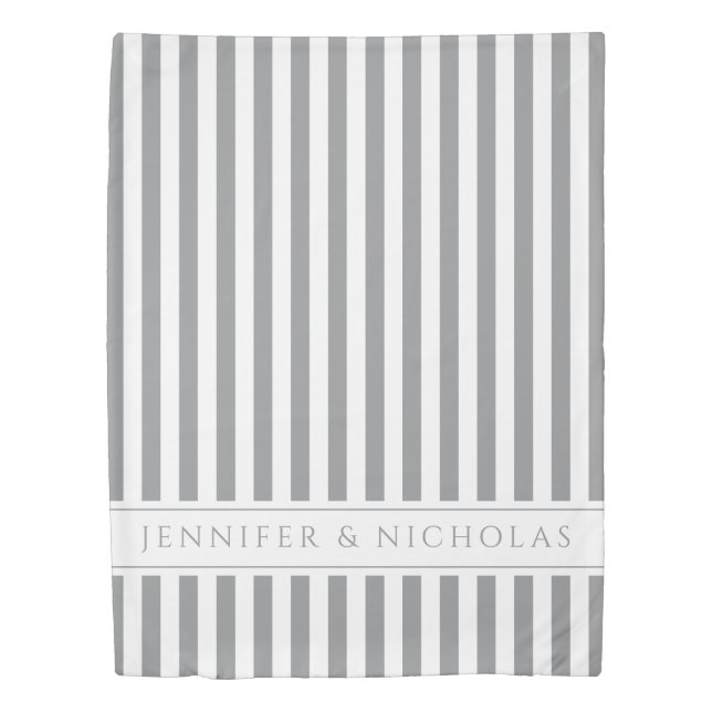 Elegant Gray & White Stripes Pattern Name Print Duvet Cover (Front)