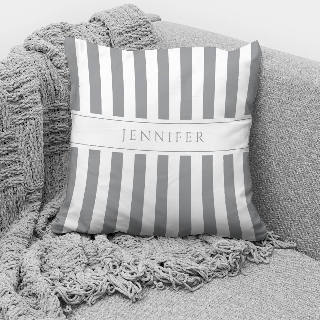 Elegant Gray & White Stripes Pattern Name Throw Pillow (Creator Uploaded)
