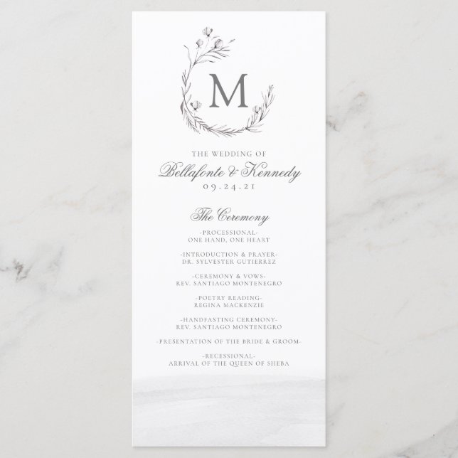 Elegant Gray White Watercolor Wreath Wedding Program (Front)