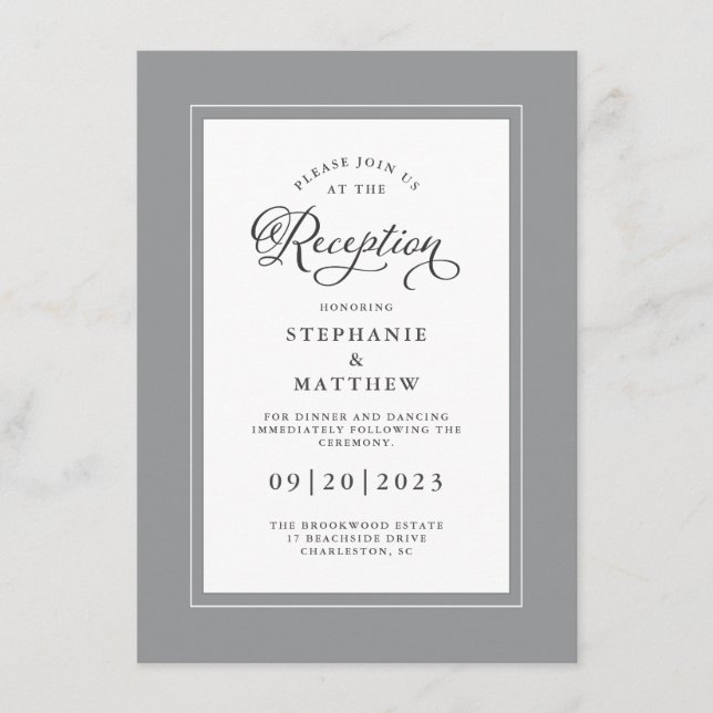 Elegant Gray White Wedding Reception Chic Borders Enclosure Card (Front)