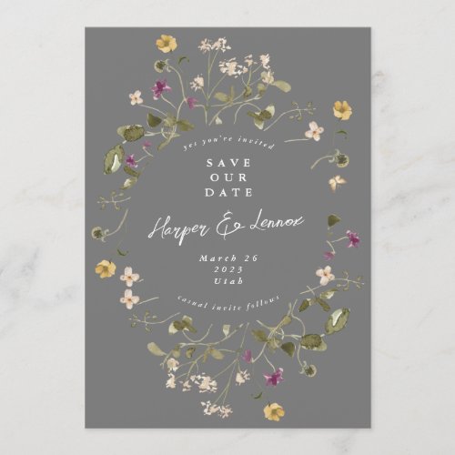 Elegant Gray Wildflower Pampas Floral Photo Back Save The Date