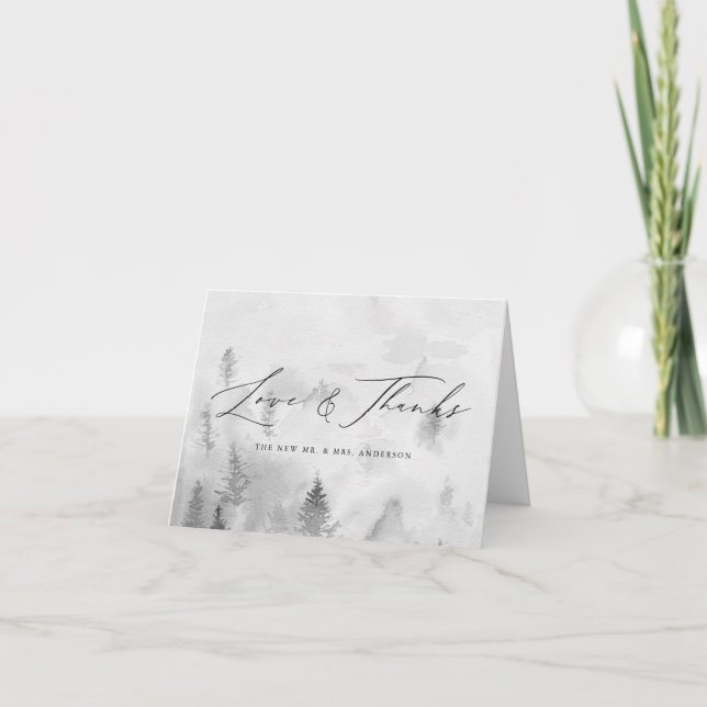 Elegant Gray Winter Forest Love & Thanks Wedding Thank You Card (Front)
