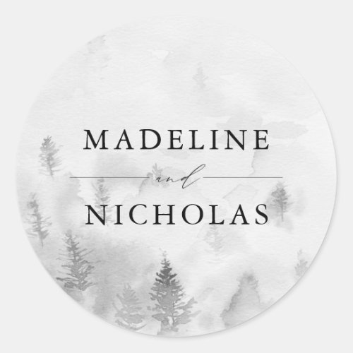 Elegant Gray Winter Forest Personalized Wedding Classic Round Sticker