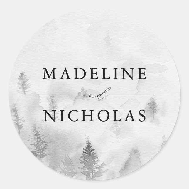 Elegant Gray Winter Forest Personalized Wedding Classic Round Sticker (Front)