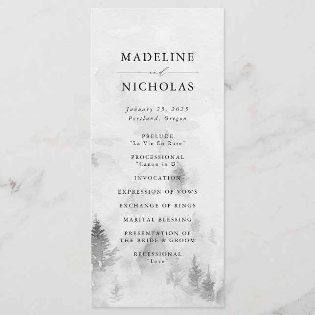 Elegant Gray Winter Forest Wedding Ceremony Program (Front)
