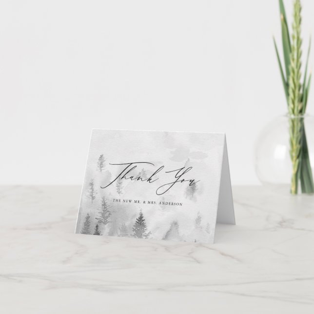 Elegant Gray Winter Forest Wedding Letterpress Thank You Card (Front)