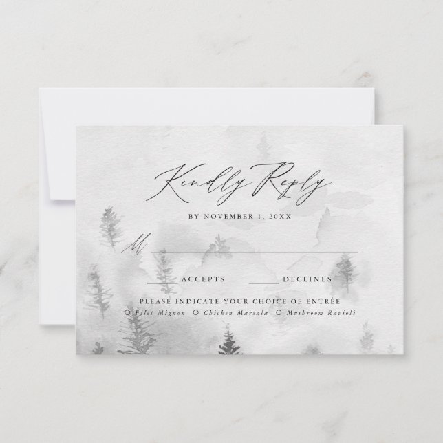 Elegant Gray Winter Forest Wedding Meal Choice RSVP Card (Front)