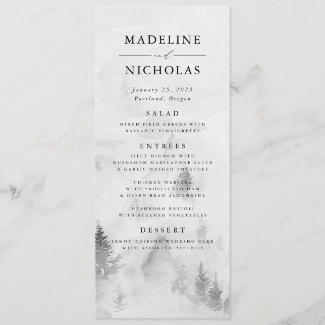 Elegant Gray Winter Forest Wedding Menu (Front)