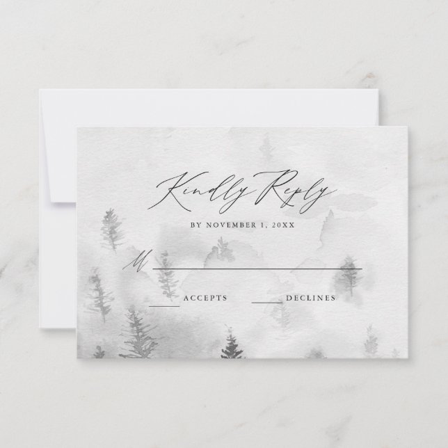 Elegant Gray Winter Forest Wedding RSVP Card (Front)