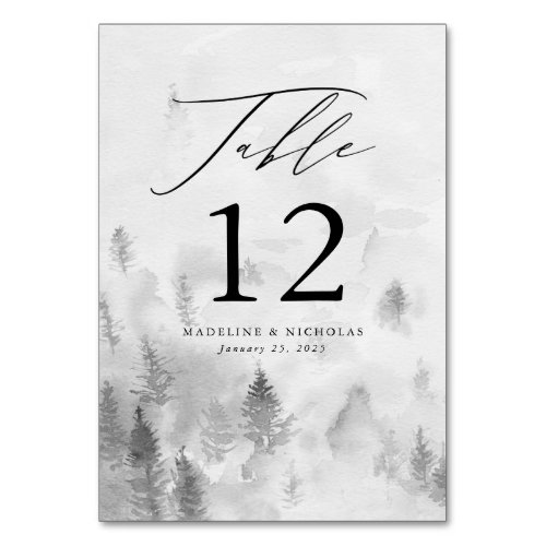 Elegant Gray Winter Forest Wedding Table Number