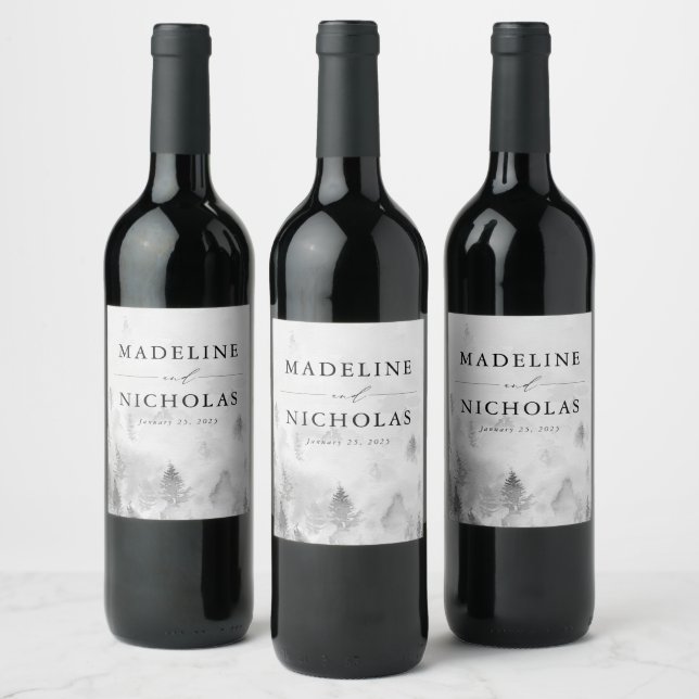 Elegant Gray Winter Forest Wedding Wine Label (Bottles)