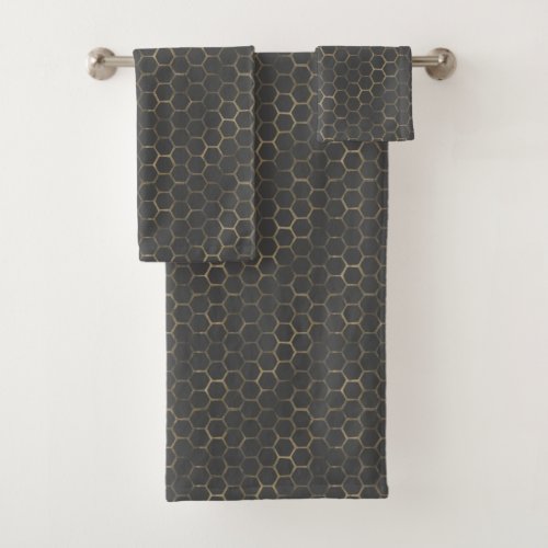 Elegant Gray With Gold Hexagon Beehive Pattern Bath Towel Set