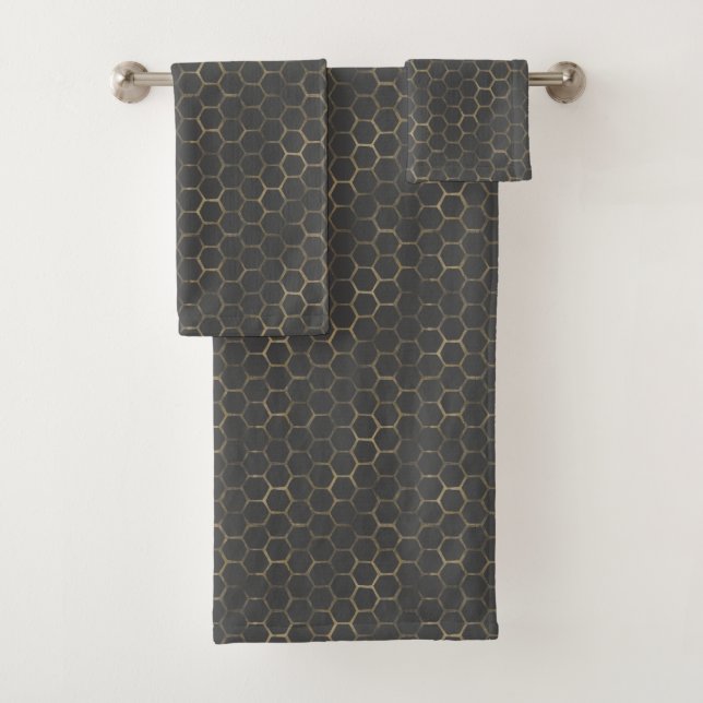 Elegant Gray With Gold Hexagon Beehive Pattern Bath Towel Set (Insitu)