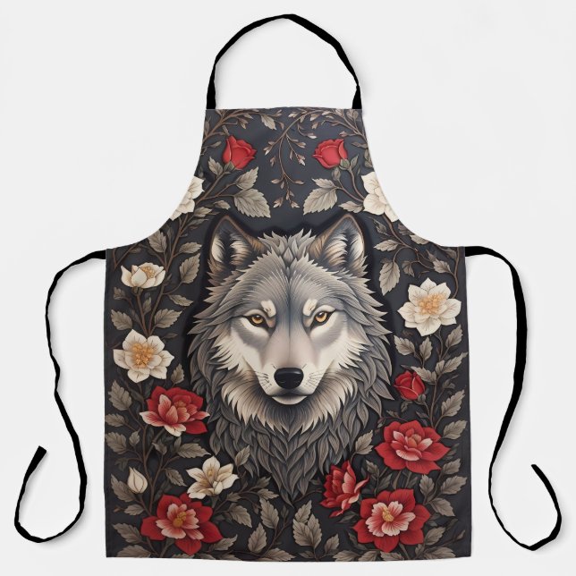 Elegant Gray Wolf Floral Apron (Front)