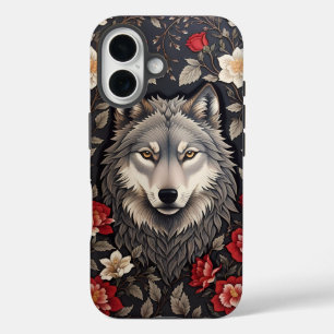 Elegant Gray Wolf Floral iPhone 16 Case