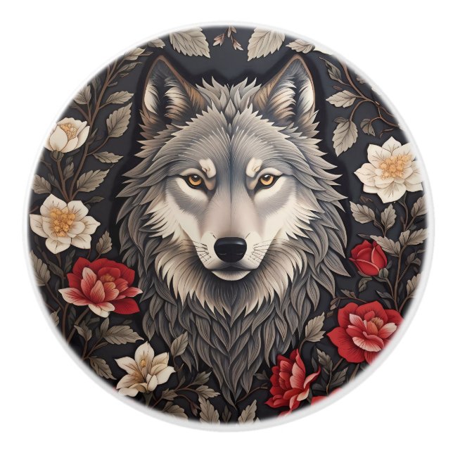 Elegant Gray Wolf Floral Ceramic Knob (Front)