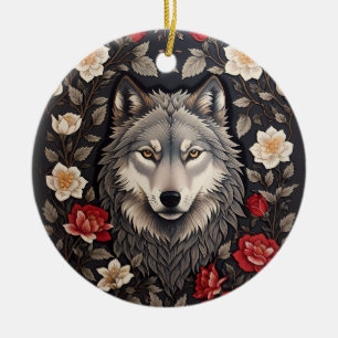 Elegant Gray Wolf Floral Ceramic Ornament