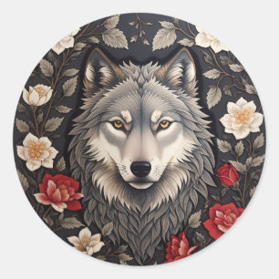 Elegant Gray Wolf Floral Classic Round Sticker