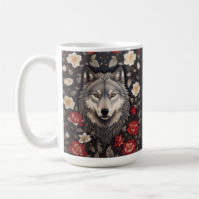 Elegant Gray Wolf Floral Coffee Mug (Left)