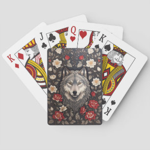 Elegant Gray Wolf Floral Poker Cards