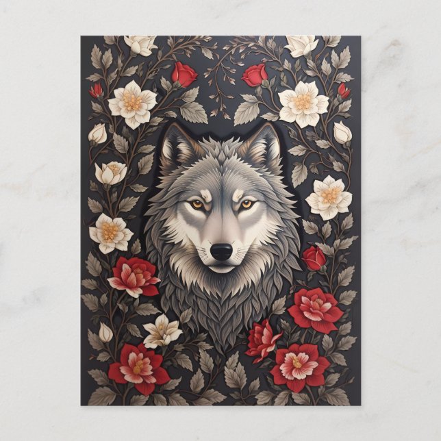 Elegant Gray Wolf Floral Postcard (Front)