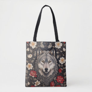 Elegant Gray Wolf Floral Tote Bag