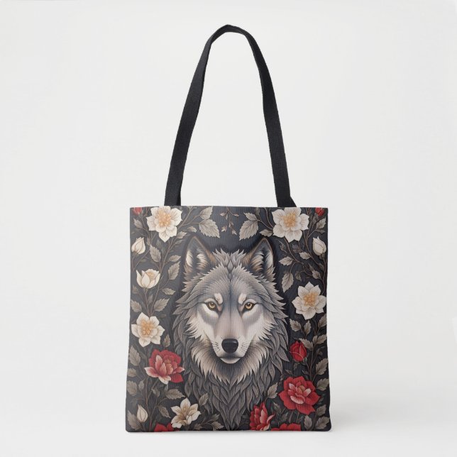 Elegant Gray Wolf Floral Tote Bag (Front)