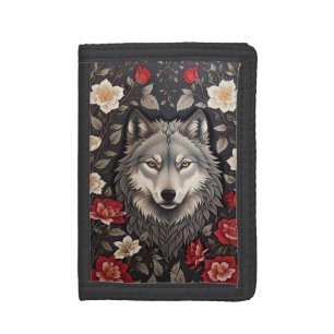 Elegant Gray Wolf Floral Tri-fold Wallet