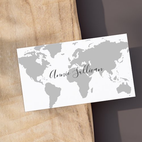Elegant Gray World Map on White Business Card