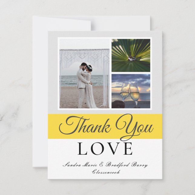 Elegant Gray Yellow Script Wedding Photo collage T Thank You Card (Front)