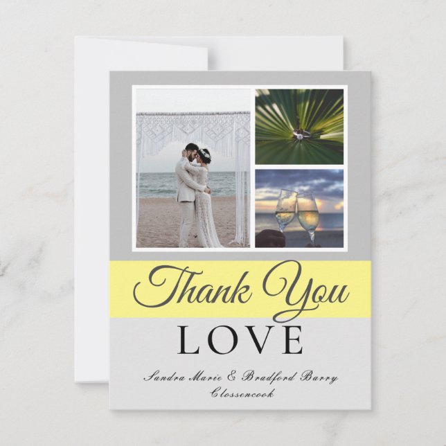 Elegant Gray Yellow Script Wedding Photo collage Thank You Card (Front)