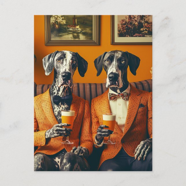 Elegant Great Dane Dogs Orange Suits Postcard (Front)