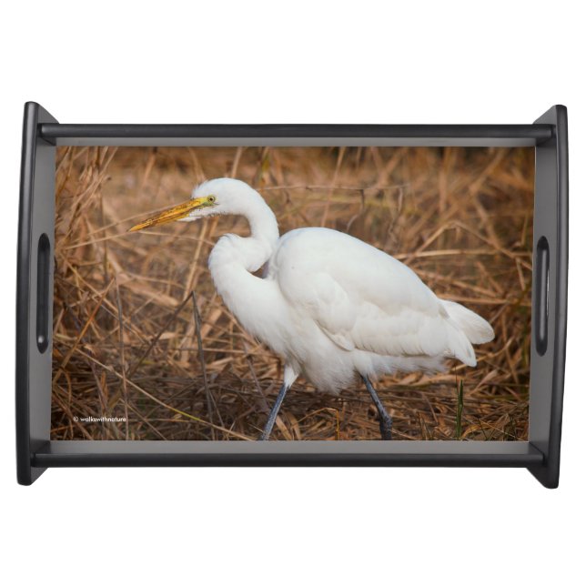 Elegant Great Egret in the Reeds Serving Tray (Front)