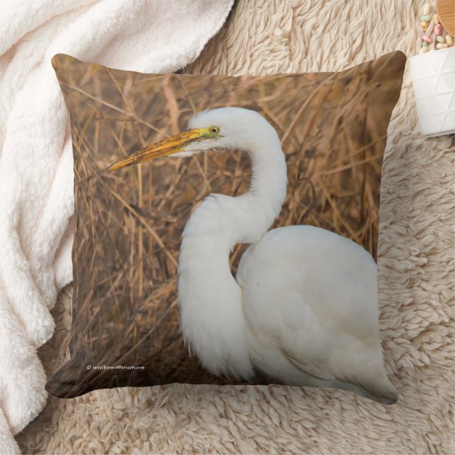 Elegant Great Egret Wading Bird in the Reeds Throw Pillow (Blanket)