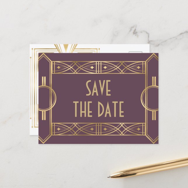 Elegant Great Gatsby Art Deco Save the Dates  Announcement Postcard (Front/Back In Situ)