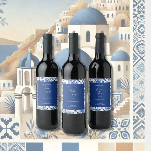 Elegant Greek Blue and White Wedding Wine Label (Creator Uploaded)
