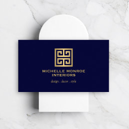 Elegant Greek Key Designer Logo Gold/Dark Blue Business Card