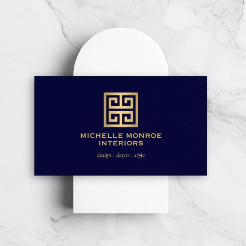 Elegant Greek Key Designer Logo GoldDark Blue Business Card