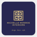 Elegant Greek Key Designer Logo Gold/Dark Blue Square Sticker