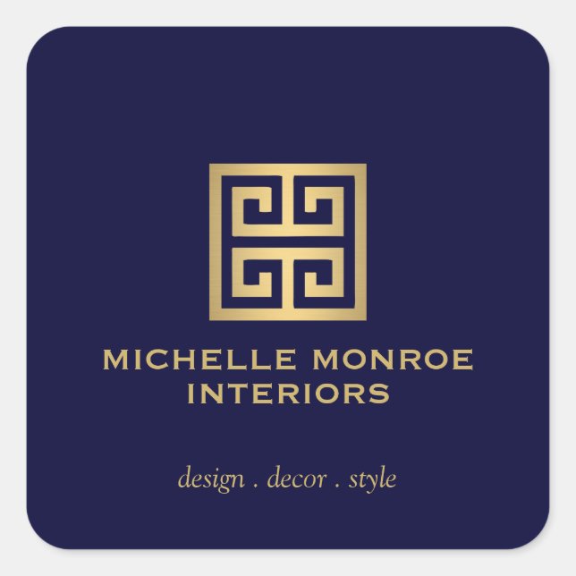 Elegant Greek Key Designer Logo Gold/Dark Blue Square Sticker (Front)