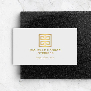 Elegant Greek Key Designer Logo Gold/Light Gray Business Card